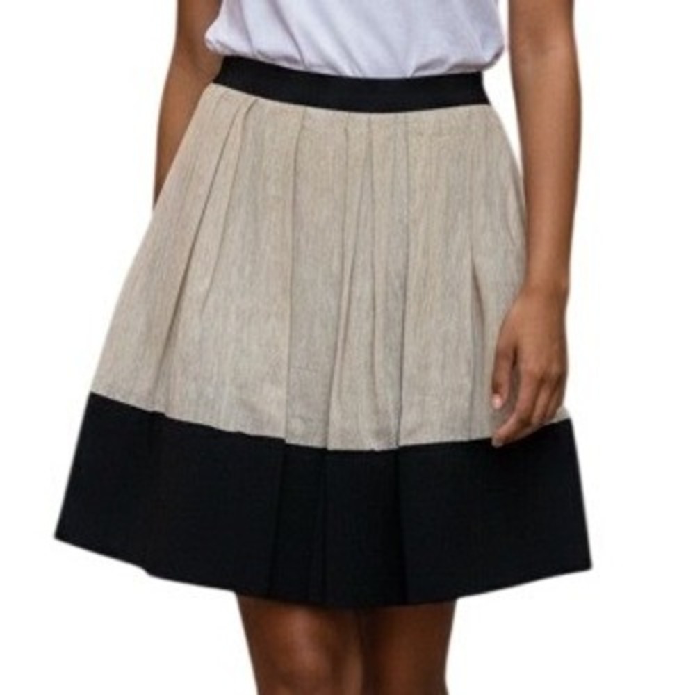 ROBERT RODRIGUEZ Linen Silk Colorblock Pleated A-Line Skirt Tan Black Size 2